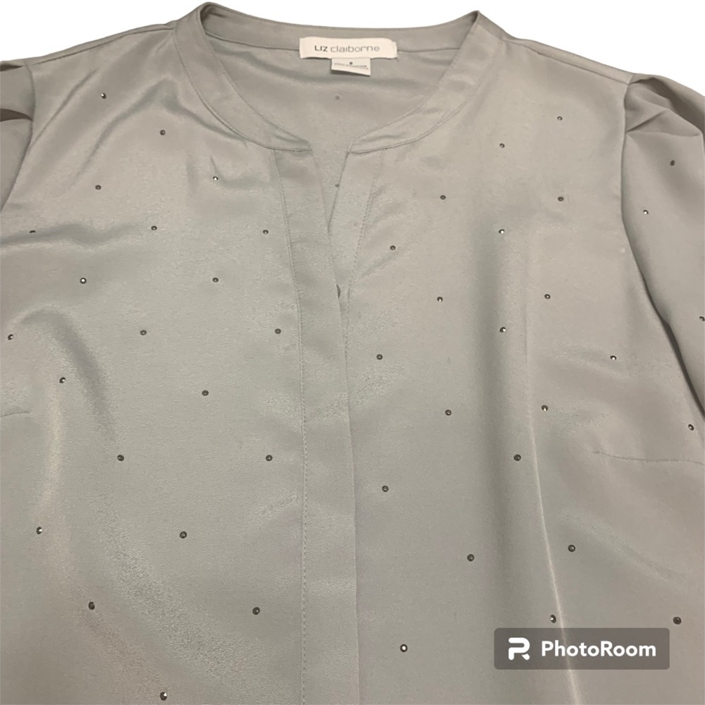 Liz Claiborne Silver Long Sleeve Dressy Rhinestone Button Up Blouse Ladies Sz S - Picture 4 of 10